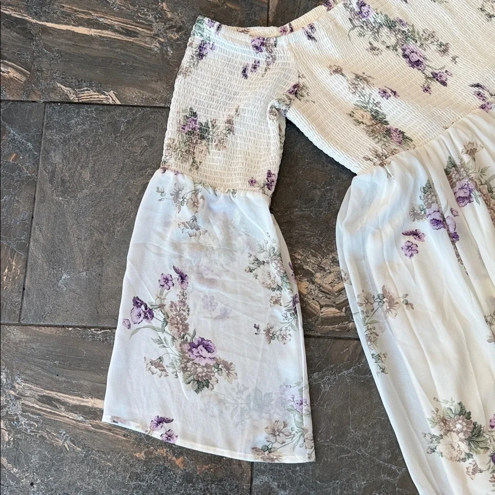 Torrid ivory and purple floral smocked chiffon off-the-shoulder dress - Picture 4 of 15